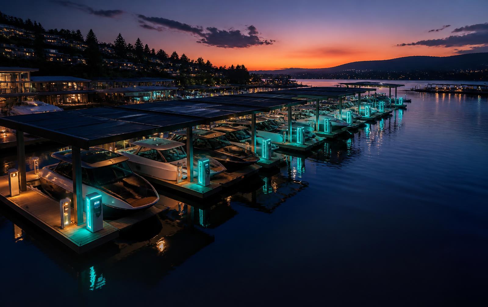 Marina at dusk with lit shore power pedestals